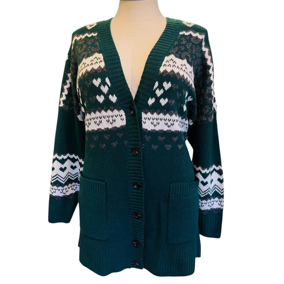 Torrid 3 (3X) Green Hearts & Leopard Fair Isle Vegan Cashmere Cardigan Sweater - Picture 1 of 3